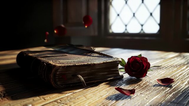An old leather book with a feather quill and red rose on a rustic table with falling petals.