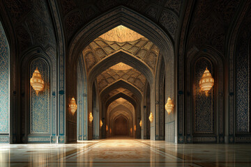 Obraz premium Interior of a beautifully lit mosque with detailed Islamic patterns and symmetrical arches, sacred and calm atmosphere.