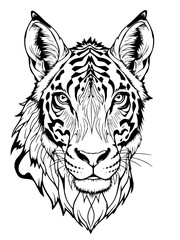 Minimilist detailed line art illustration of a tiger face with prominent stripes and expressive eyes looking forward vector