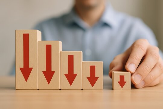 Declining Trend: A person arranges wooden blocks with downward-pointing arrows, symbolizing a downward trend and decline in business or finance.