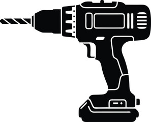 Black and white vector illustration of a cordless power drill for construction and diy projects