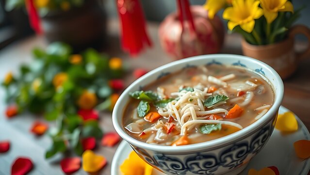 Vietnam National Day flag on silk cushion with bamboo leaves and lanterns
