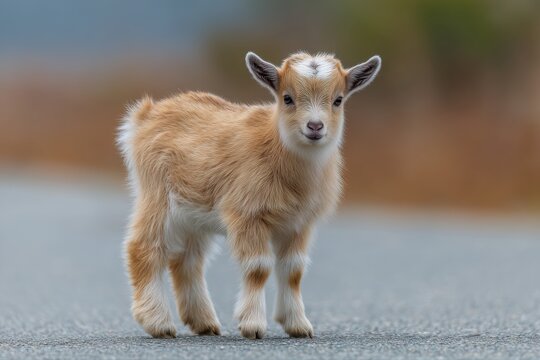 Adorable baby goat stands on a paved road looking at the camera