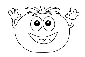 Coloring page featuring a cheerful cartoon tomato with a big smile and raised hands, perfect for creative activities