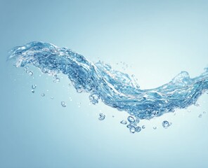 A flowing stream of translucent water against a pale blue background, punctuated by numerous small air bubbles