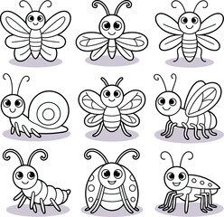 Cartoon bug character set—butterflies, snail, caterpillar, ladybug, beetle and ant in cute grid layout for children’s nature clipart