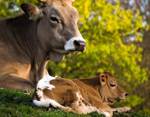 Cow and calf resting in a grassy field