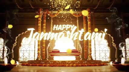 Animated Janmashtami Celebration with Swing, Flowers, Candles, and Smoke Effects