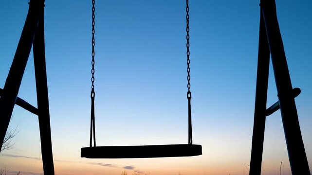 A lonely empty swing silhouette gently sways back and forth against the beautiful twilight sky