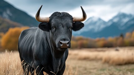 Black bull in autumn field
