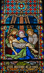 Stained Glass – Jesus Taken Down from the Cross, Rochefort Church, Belgium