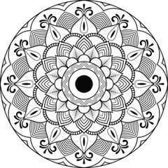 Black and White Mandala Art with Symmetrical Floral Motifs, Circular Geometric Shapes and Decorative Petal Elements for Meditation Design