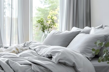 Realistic closeup of a clean, comfortable bed with soft gray linens in a sunlit bedroom. A serene and cozy interior with natural light.