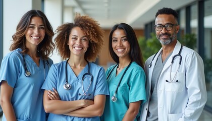 A diverse group of smiling healthcare professionals in scrubs and lab coats stand together in a hospital hallway, showcasing teamwork, confidence, and dedication to patient care