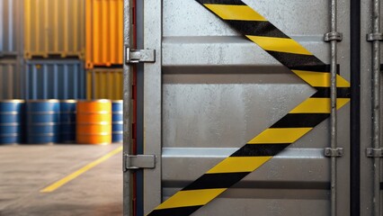 Industrial scene featuring a container with caution stripes and colorful barrels in the background.