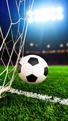 Naklejka premium Soccer ball flying into goal net