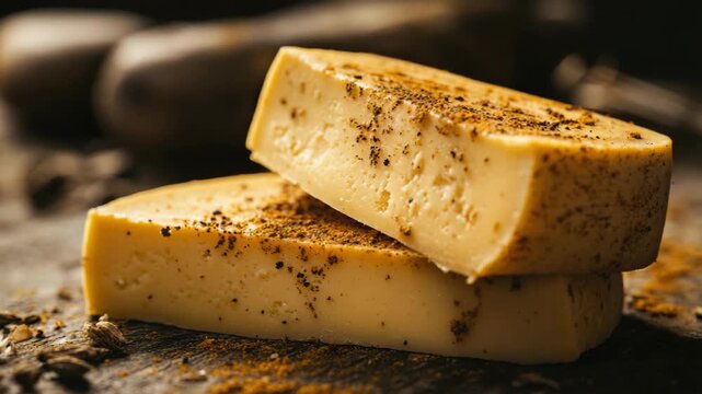 Chunks of fresh cheese on table after making process.