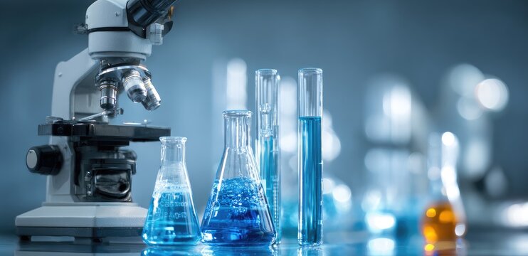 A microscope and various glass laboratory vessels containing blue liquid are prominently displayed in the foreground.