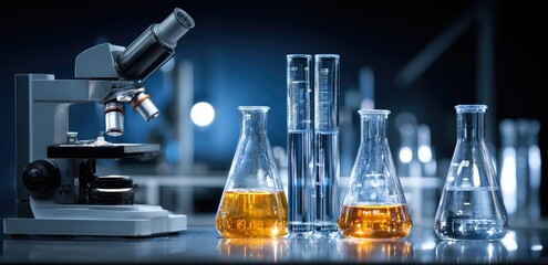 A microscope and various glassware containing liquids sit on a lab bench, blurred lab background
