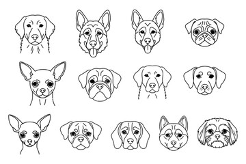 Charming collection of diverse dog breed faces presented in a clean, minimalist outline style perfect for branding or pet related designs generative ai.