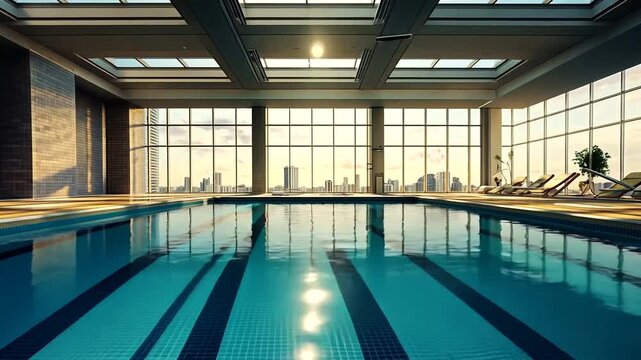Serene indoor swimming pool with panoramic city views, sunlight streaming through large windows