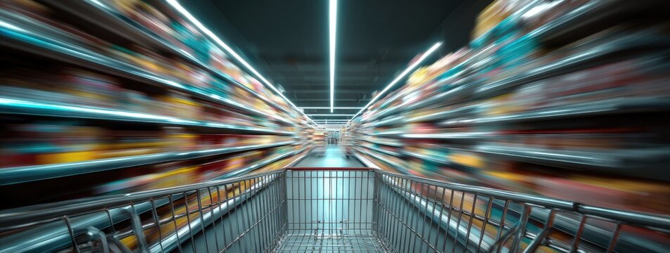 A motion-blurred supermarket aisle viewed from a shopping cart, showcasing a vast array of products and a sense of overwhelming choice