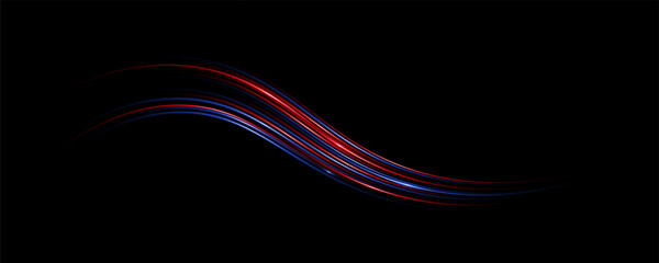 Colorful light trails, long time exposure motion blur effect. Red and blue glowing neon lights lines. Red blue special effect, speed police line. Magic of moving fast lines. Vector Illustration