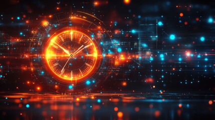 Glowing timepiece with digital elements in a futuristic scene