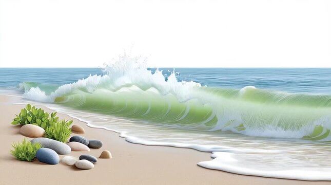 Azure Majesty: A breathtaking coastal panorama unfolds, with the gentle caress of waves, verdant marine plant life, and textured stones in a tranquil tableau of nature's elegance.