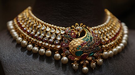 Traditional Peacock Gold Choker Necklace with Pearls