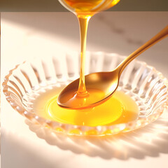 Golden syrup drop captured mid-air with artistic shadows and luxury food presentation