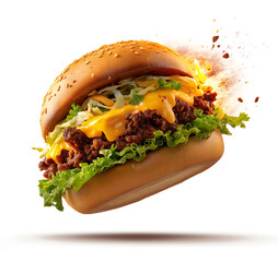 Dynamic and visually explosive hamburger captured mid-air against a clean white background, with juicy crumbled ground beef, fresh vegetables and fiery burst of elements suggesting fire and motion.