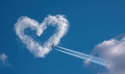 A plane leaves a contrail forming a heart shape in a clear blue sky, with fluffy clouds nearby