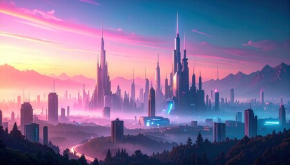 Fototapeta premium Futuristic Cityscape with Towering Structures and Pink Hues at Sunset