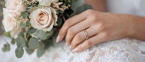 Bride's hand with wedding rings and bouquet of roses on lace dress