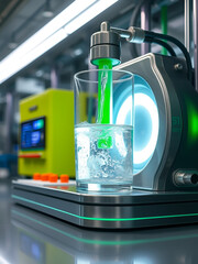 Green hydrogen production using electrolysis, with futuristic equipment splitting water into hydrogen and oxygen, powered by renewable energy