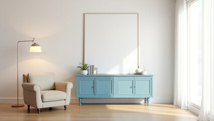 A Serene 3D Rendered Villa Living Room Featuring a Beautiful Blue Carpet