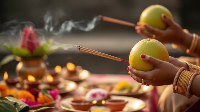 Chhath puja incense sticks and apples form a religious ceremony backdrop with smoke. Ideal for cultural, religious, festive, and spiritual themes.