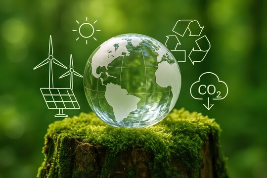 Glass globe with world map on mossy stump surrounded by renewable energy icons and green background