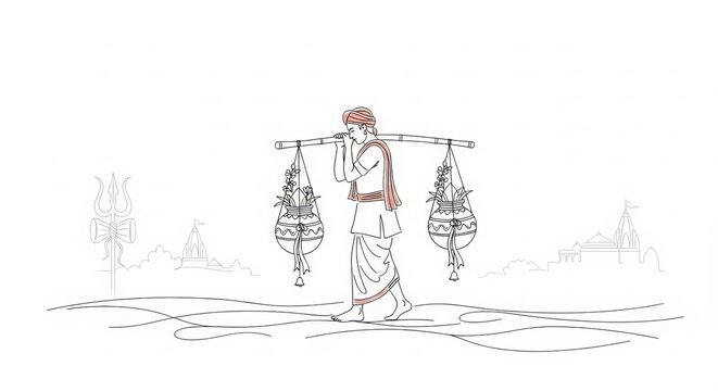 Illustration of Pilgrims Participating in Kanwar Yatra Pilgrimage with Sacred Items