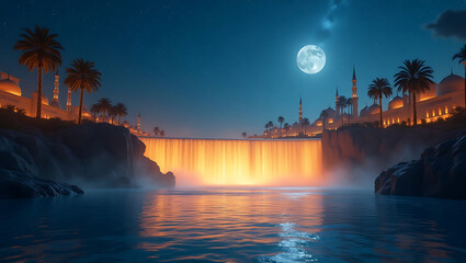 Fantasy landscape with waterfall, starry sky, glowing mosque and serene tropical river