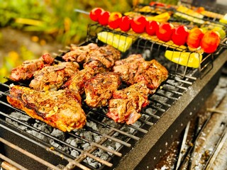 barbecue grilled meat and vegetables