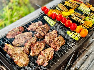barbecue grilled meat and vegetables