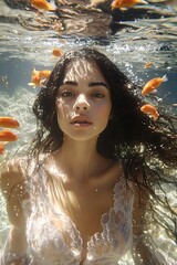 Fototapeta premium Underwater Woman with Fish. (1)