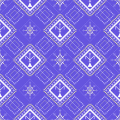 Obraz premium Seamless ethnic tribal pattern in violet and white tones. Inspired by traditional Southeast Asian textile designs, this geometric illustration is perfect for fabric, wallpaper, and decorative use