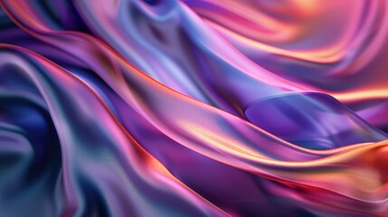 Fototapeta premium Iridescent fabric swirls in hues of pink, purple, and orange, creating a flowing, abstract composition with a smooth, glossy texture