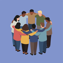 Obraz premium An illustration portrays nine diverse individuals in a circle, arms around each other, against a solid light purple backdrop.