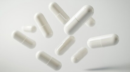 Several white medicine capsules are floating in the air against a clean white background