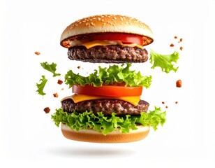 Juicy double cheeseburger with fresh lettuce and tomato slices on a sesame seed bun with melted cheese and beef patties isolated on white background