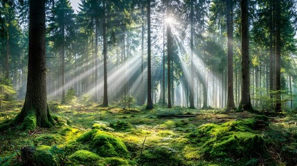 Obraz premium Sunlight streams through a misty forest.